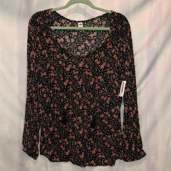Old Navy Tops - Old Navy L Black Red Floral Print Tassel Blouse